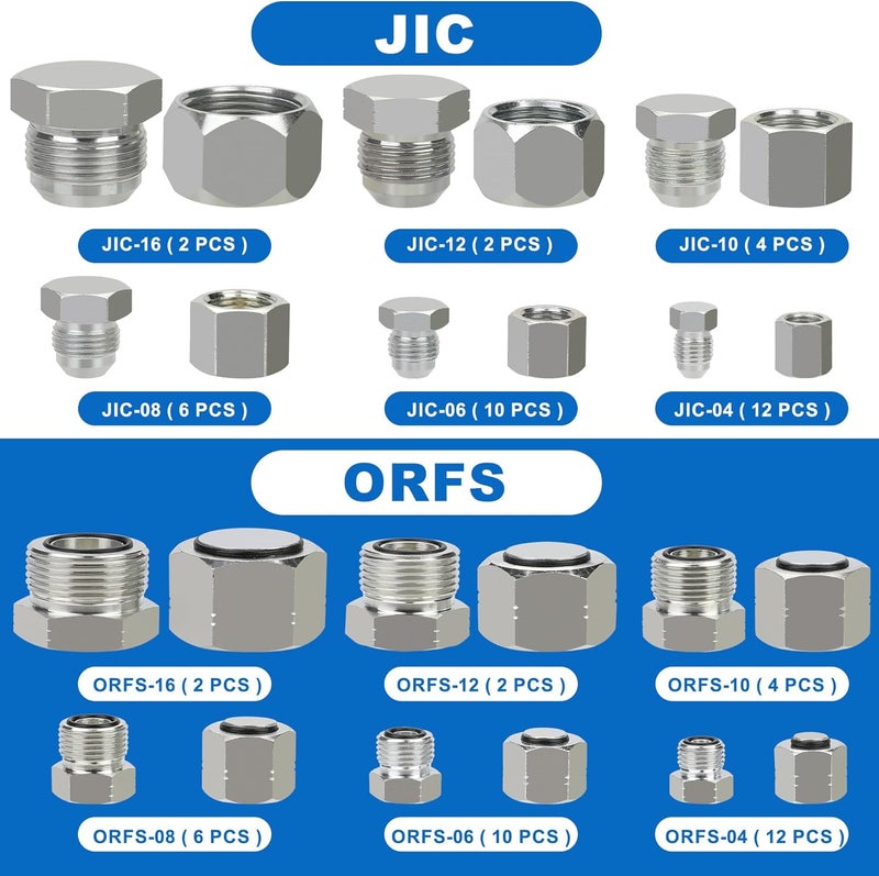 ANCIMOON 144PCS Hydraulic JIC 37 Degree and ORFS Flat Face Cap and Plug Assortment Kit, Size 4 6 8 10 12 16 for Hose Pipe Tubing, 36PCS Replacement O-Ring Seal Included - Image 3
